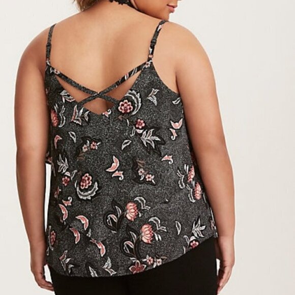 Torrid Georgette Layered Crisscross Cami Tank Top Black Floral Dot 0X - Picture 2 of 9